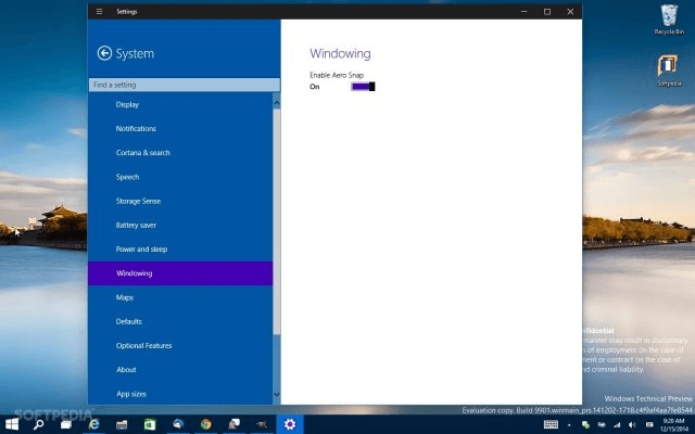 Aero Snap в Windows 10 build 9901