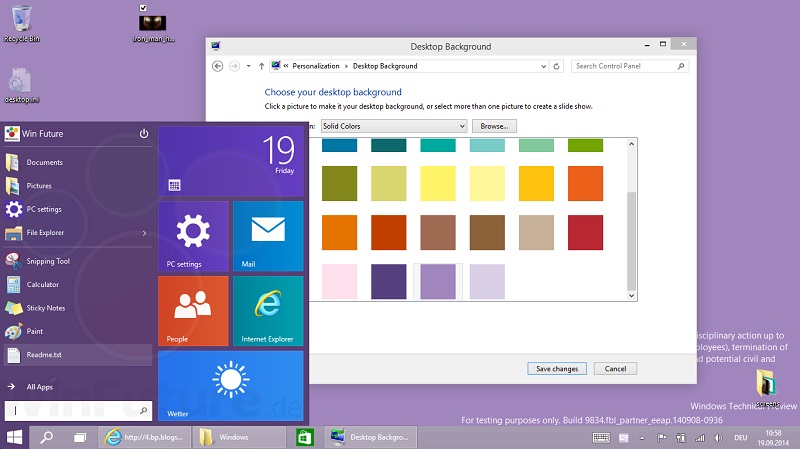 Windows 9 Пуск цвета под рабочий стол
