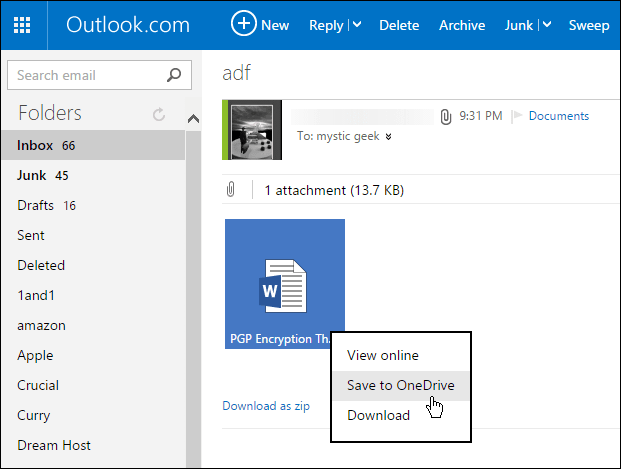 Сохранение Outlook.com в OneDrive