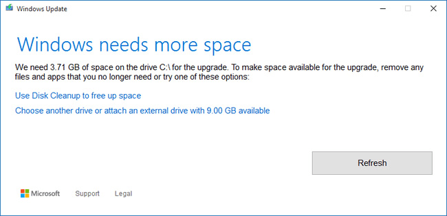 Недостаточно места для обновления до Windows 10