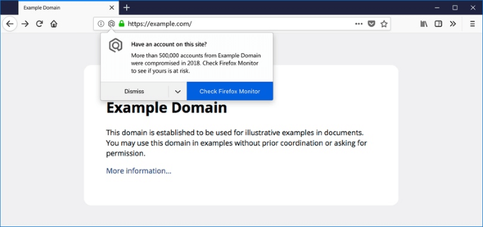 Пример уведомления Firefox о том, что с определенного домена была утечка данных