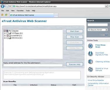 Скриншот он-лайн антивируса eTrust Antivirus Web Scanner