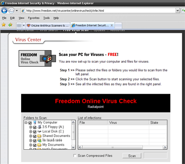 Скриншот он-лайн антивируса Freedom Online Virus Check