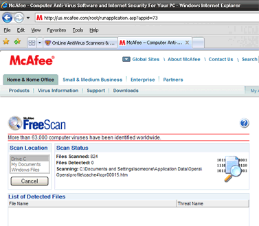 Скриншот он-лайн антивируса McAfee FreeScan