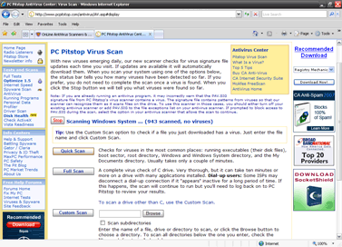 Скриншот он-лайн антивируса PCPitstop Virus Scanner